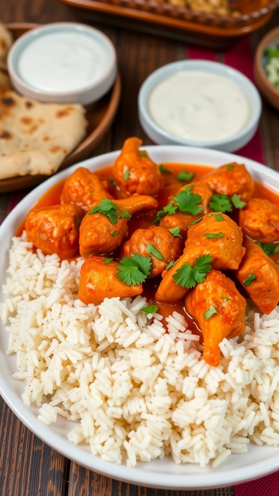 A plate of butter chicken with rice and naan, garnished with cilantro.